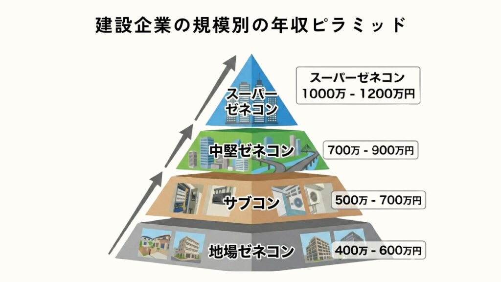 建設企業の規模別年収比較ピラミッド