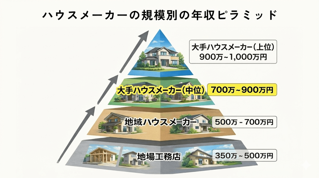 ハウスメーカーの規模別の年収ピラミッド