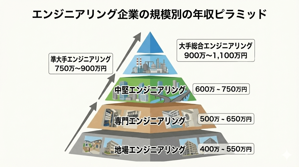 エンジニアリング企業の規模べ手の年収ピラミッド
